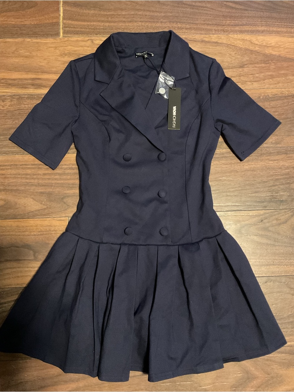 Fashion Nova Navy Double-Breasted Pleated Short-Sleeve Dress